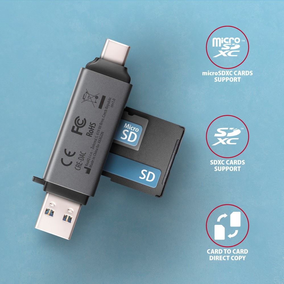 Čitač kartica AXAGON USB 3.2 Gen 1 CRE-DAC, SD, microSD